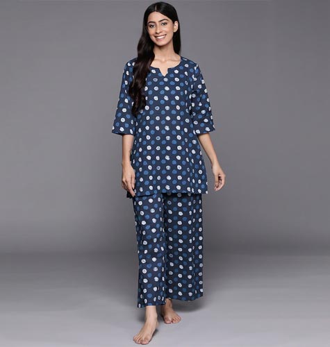 Women Navy Blue Printed Cotton Night suit